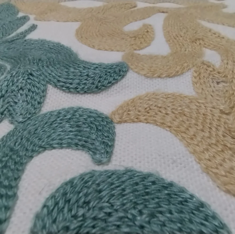 Stitched Teal and Gold on Woven Cream Cotton Fabric Throw Pillow Cover  (18 in)